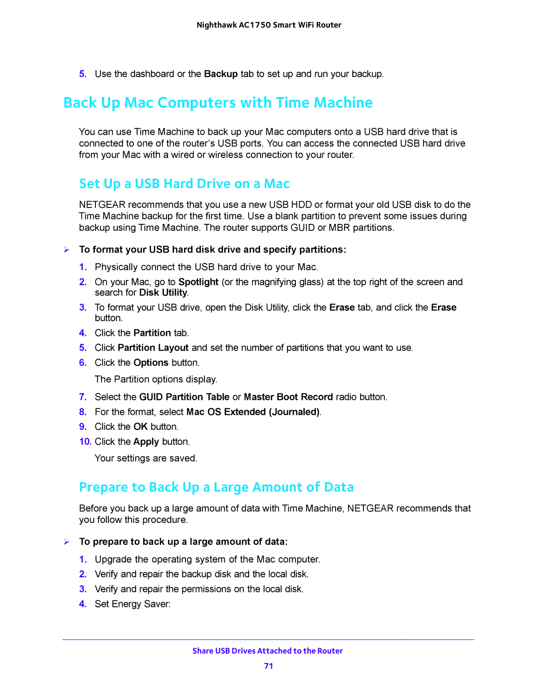 NETGEAR R6700 user manual Back Up Mac Computers with Time Machine, Set Up a USB Hard Drive on a Mac 