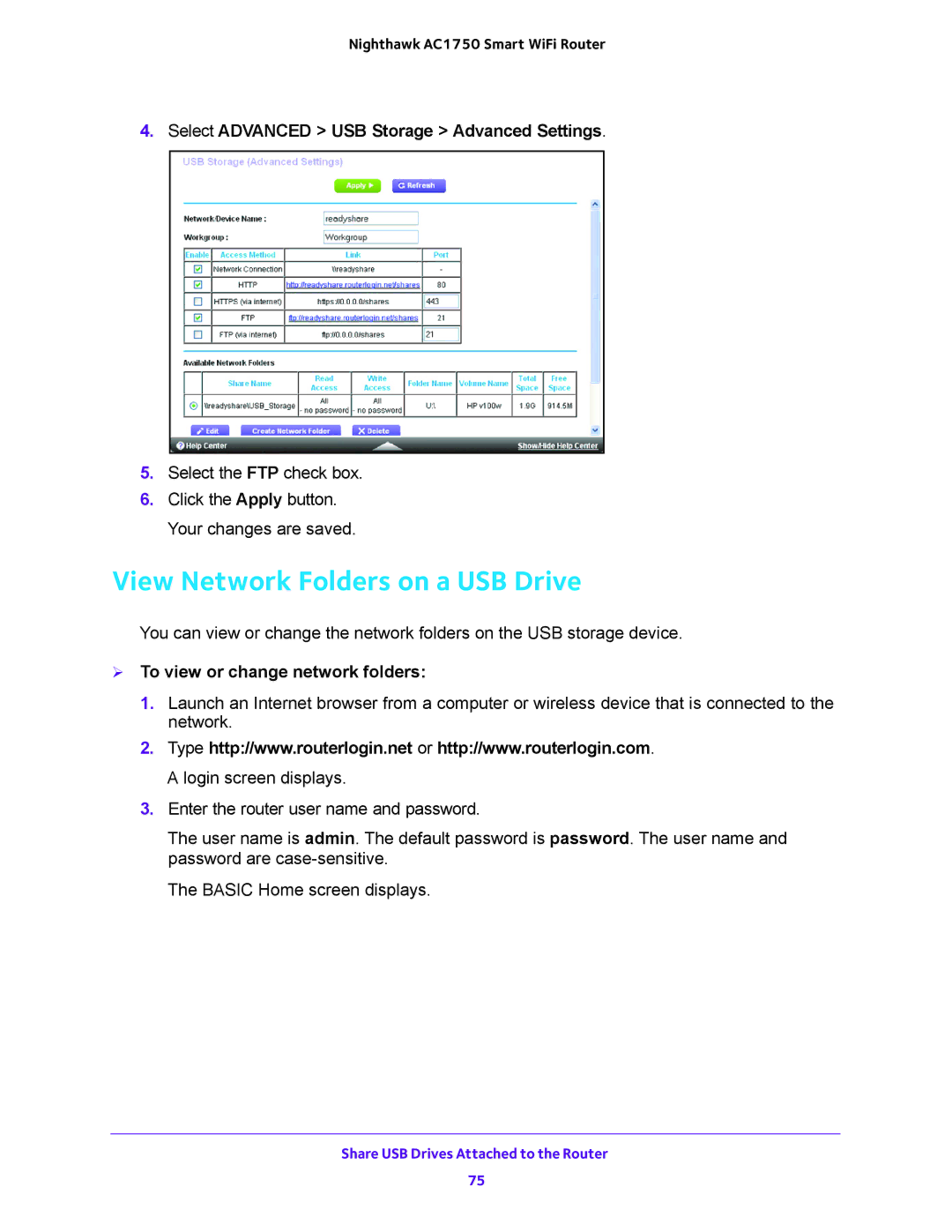 NETGEAR R6700 user manual View Network Folders on a USB Drive,  To view or change network folders 