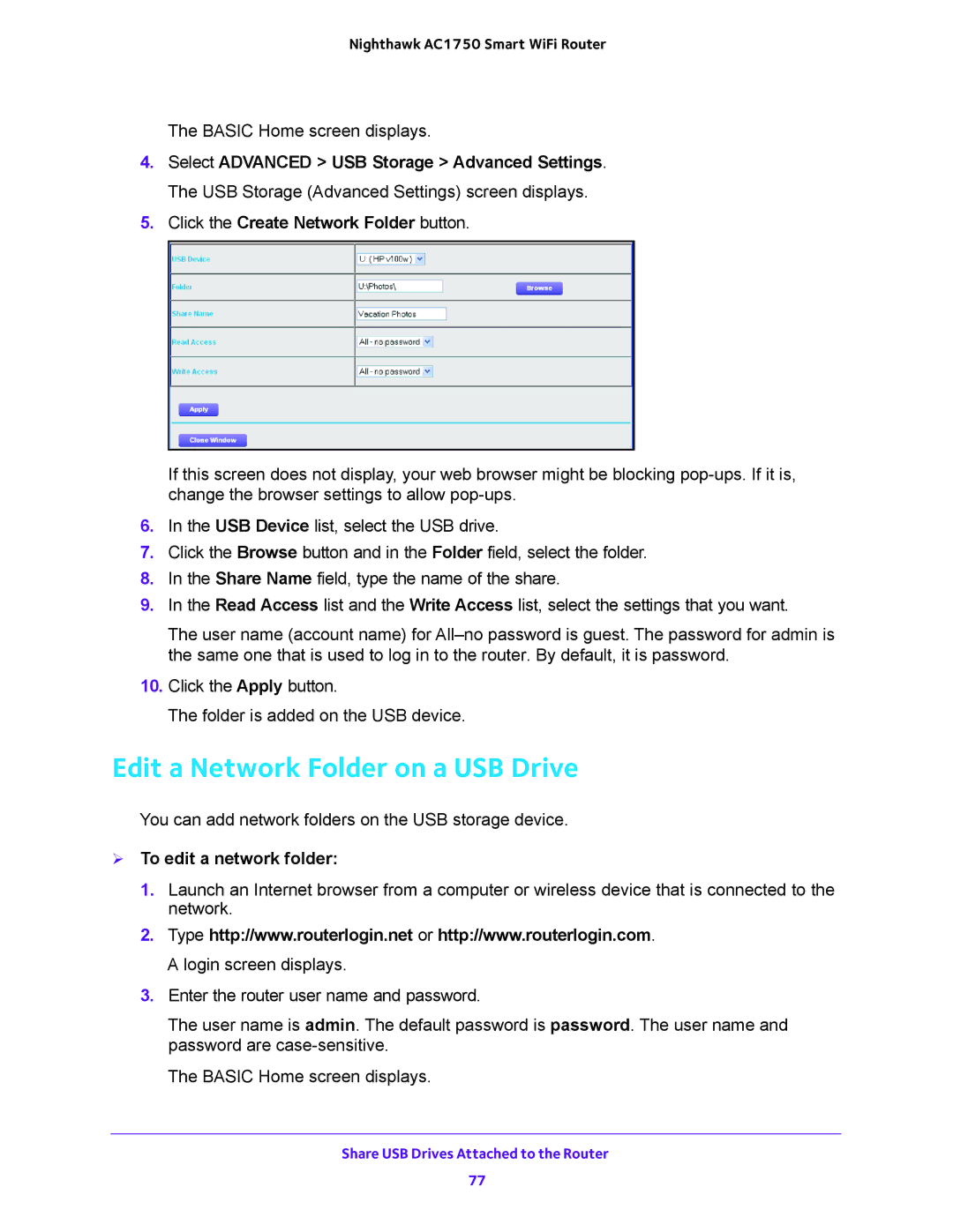 NETGEAR R6700 Edit a Network Folder on a USB Drive, Click the Create Network Folder button,  To edit a network folder 