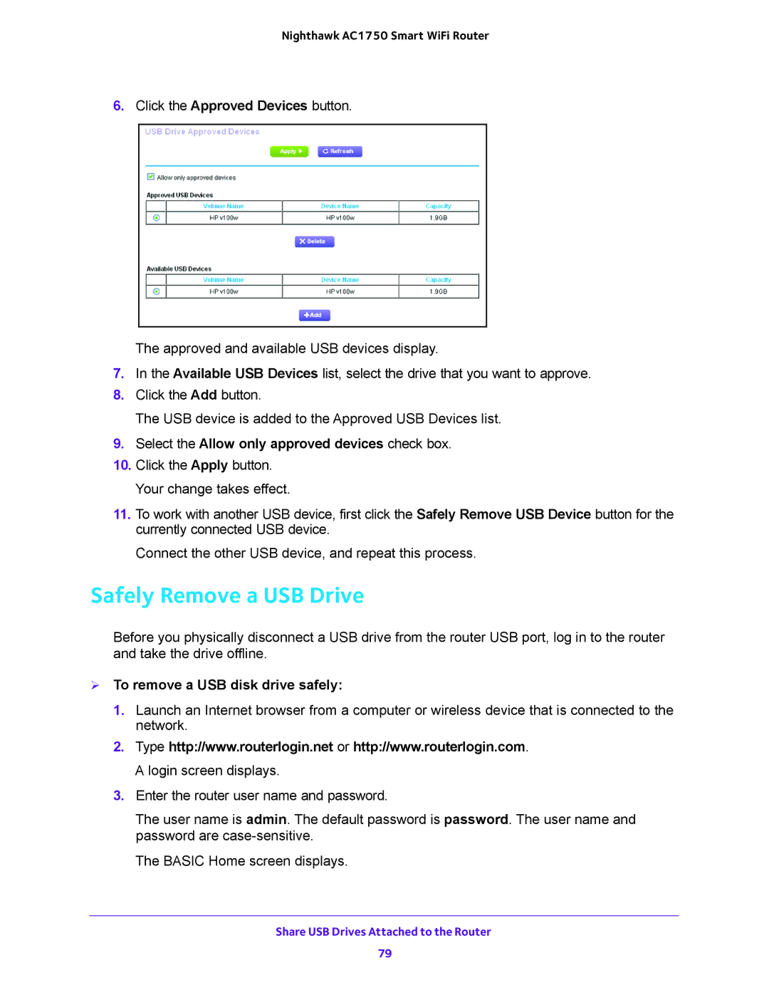 NETGEAR R6700 user manual Safely Remove a USB Drive, Select the Allow only approved devices check box 