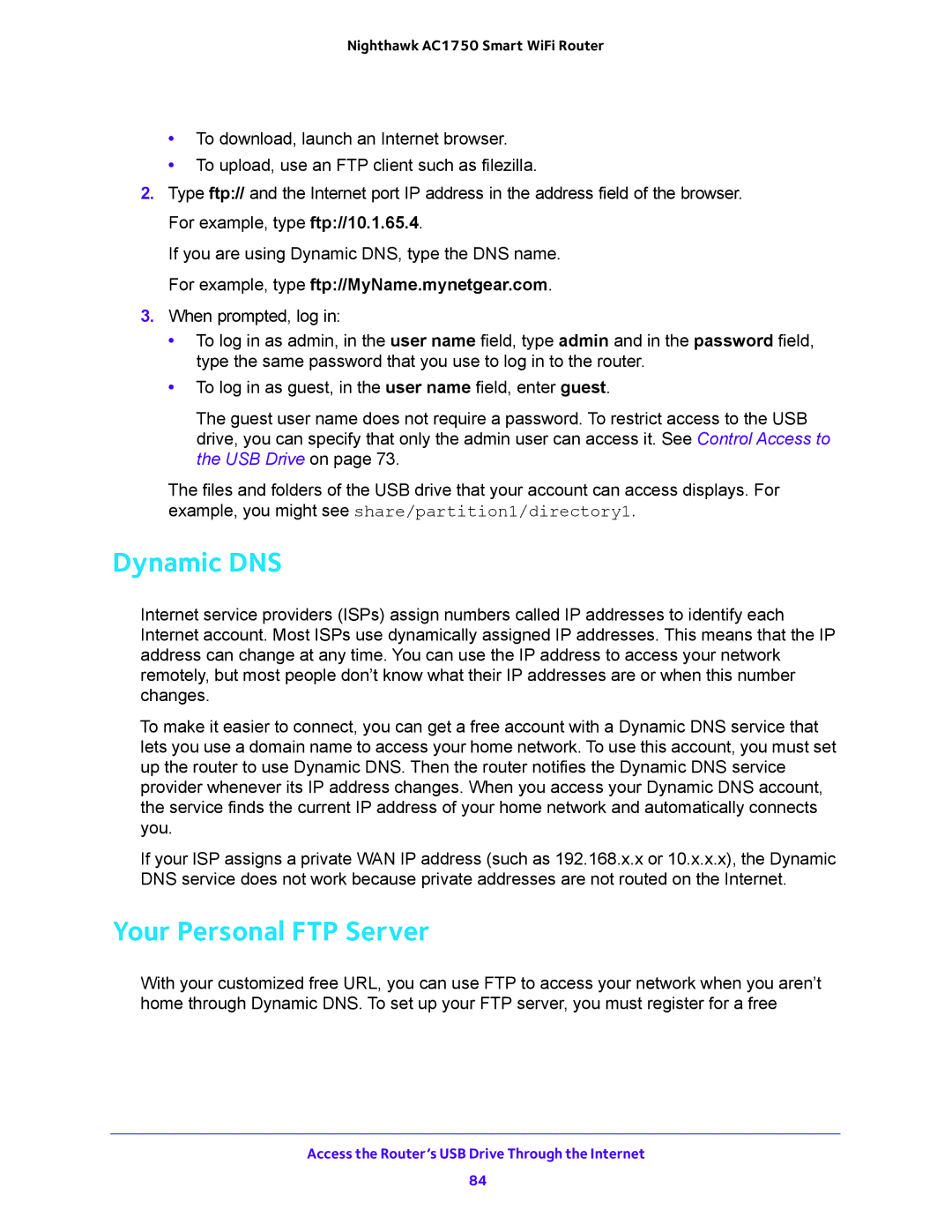 NETGEAR R6700 user manual Dynamic DNS, Your Personal FTP Server 