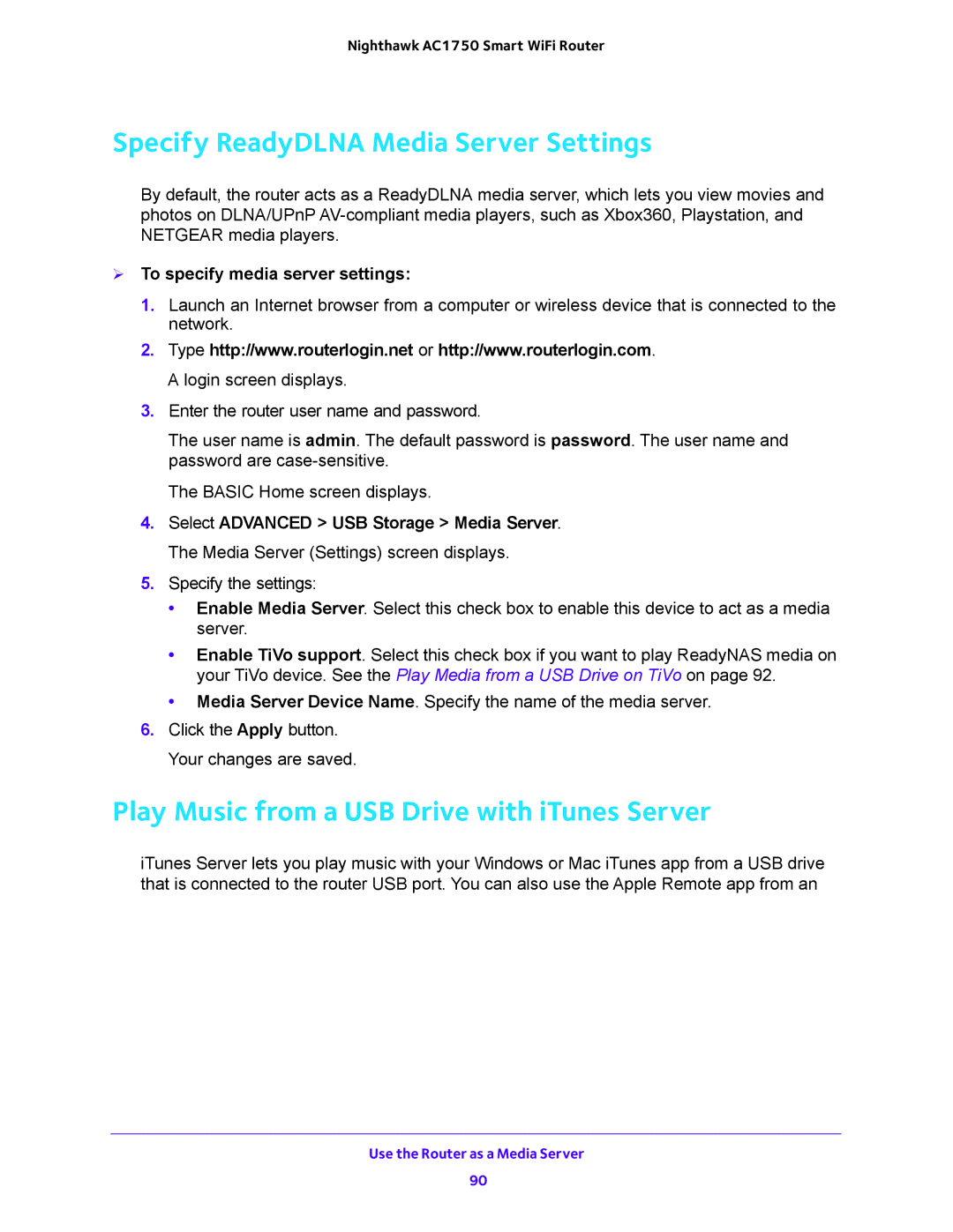 NETGEAR R6700 user manual Specify ReadyDLNA Media Server Settings, Play Music from a USB Drive with iTunes Server 