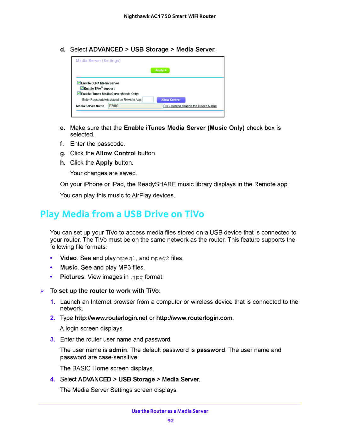 NETGEAR R6700 user manual Play Media from a USB Drive on TiVo, Select Advanced USB Storage Media Server 