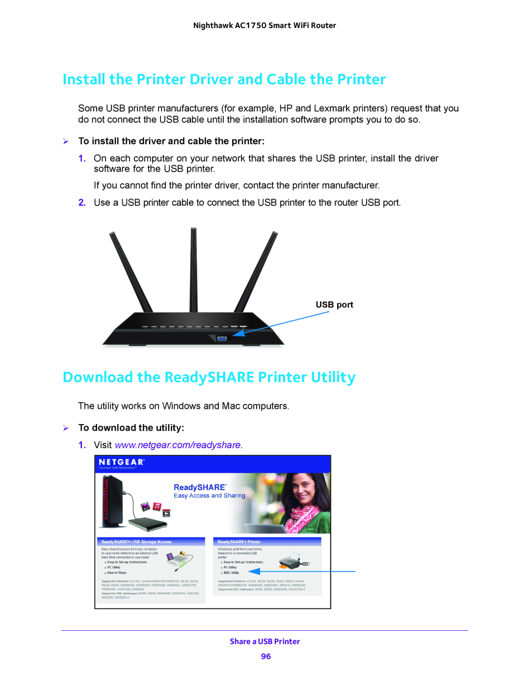 NETGEAR R6700 user manual Install the Printer Driver and Cable the Printer, Download the ReadySHARE Printer Utility 