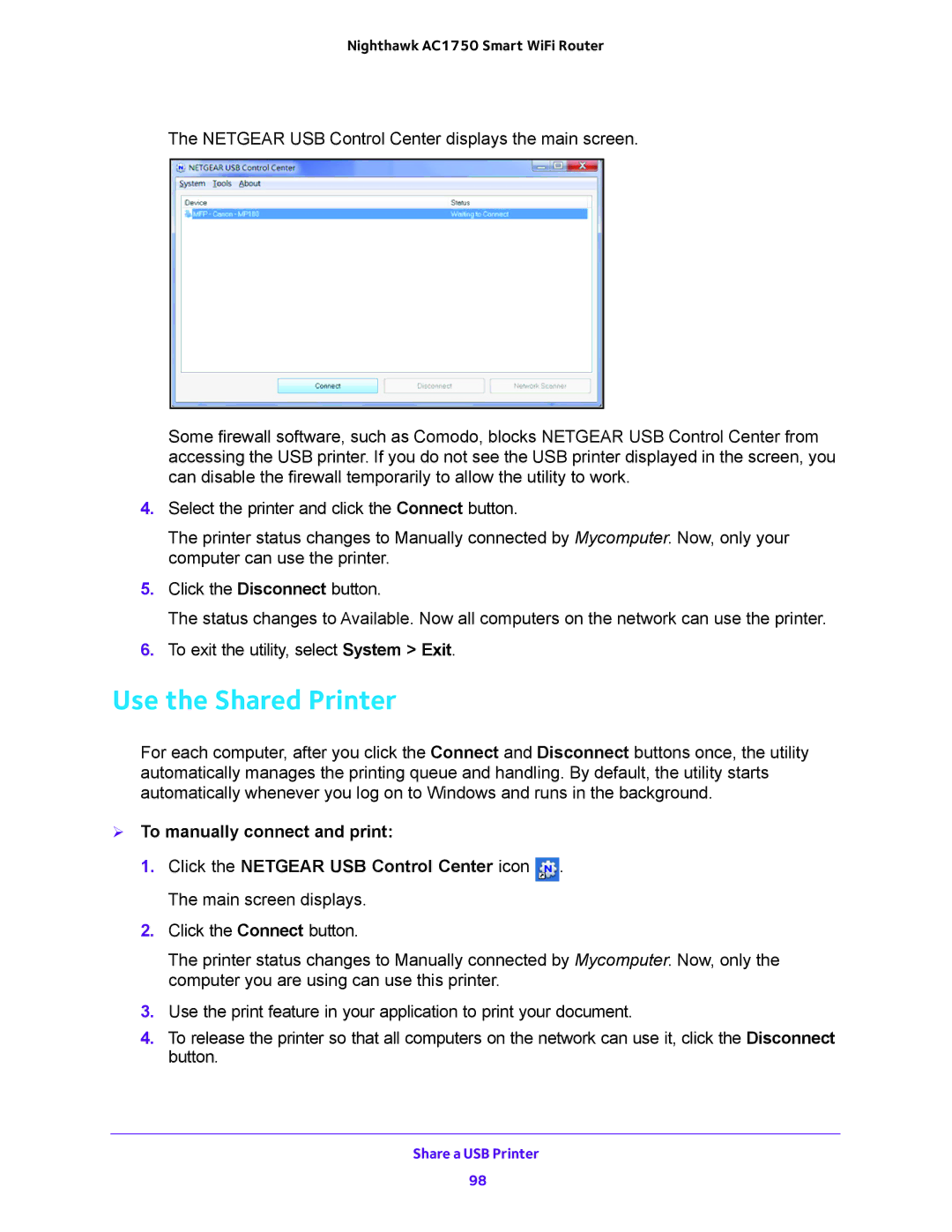 NETGEAR R6700 user manual Use the Shared Printer,  To manually connect and print 