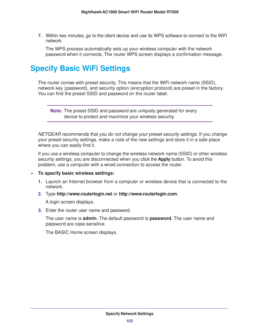 NETGEAR R7000 user manual Specify Basic WiFi Settings,  To specify basic wireless settings 