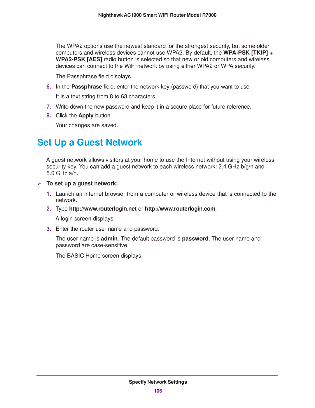 NETGEAR R7000 user manual Set Up a Guest Network,  To set up a guest network 