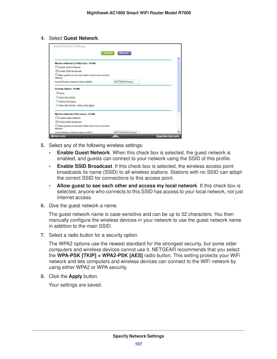 NETGEAR R7000 user manual Select Guest Network 