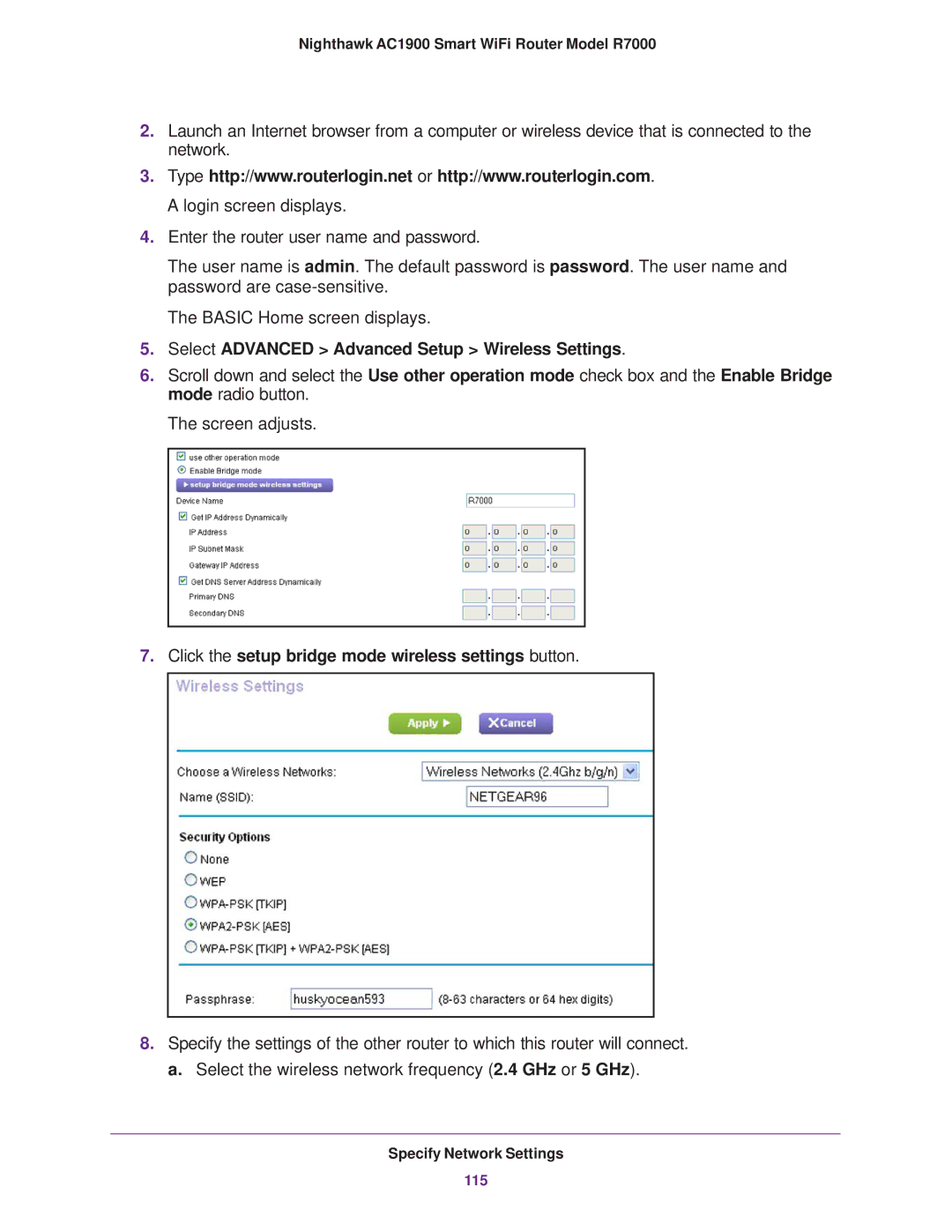 NETGEAR R7000 Select Advanced Advanced Setup Wireless Settings, Click the setup bridge mode wireless settings button 