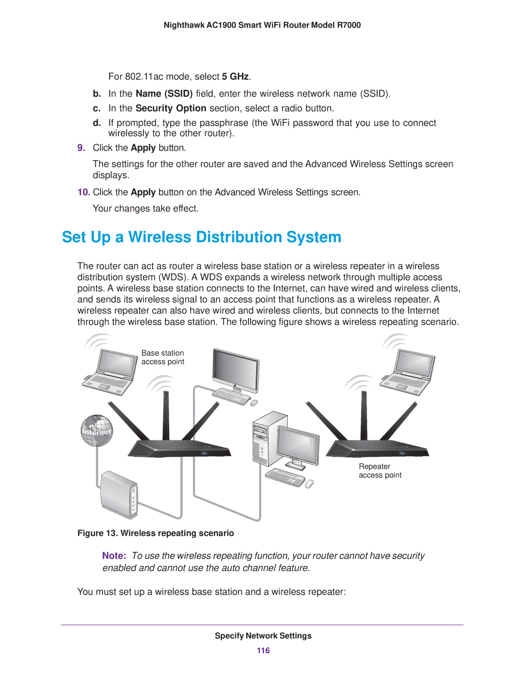 NETGEAR R7000 user manual Set Up a Wireless Distribution System, Wireless repeating scenario 