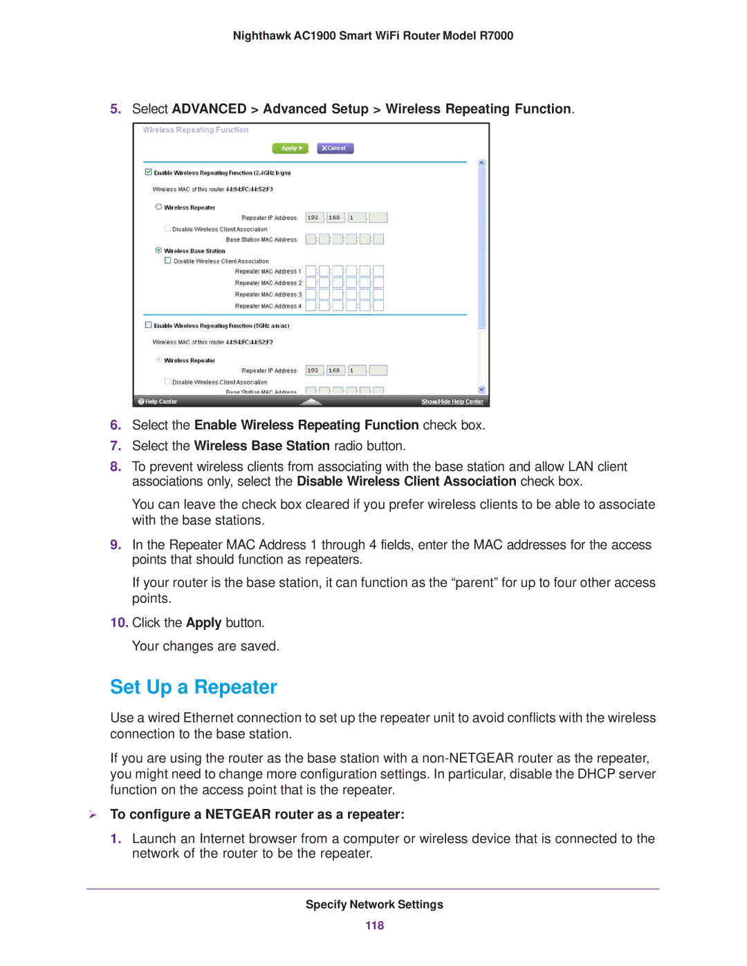 NETGEAR R7000 user manual Set Up a Repeater,  To configure a Netgear router as a repeater 