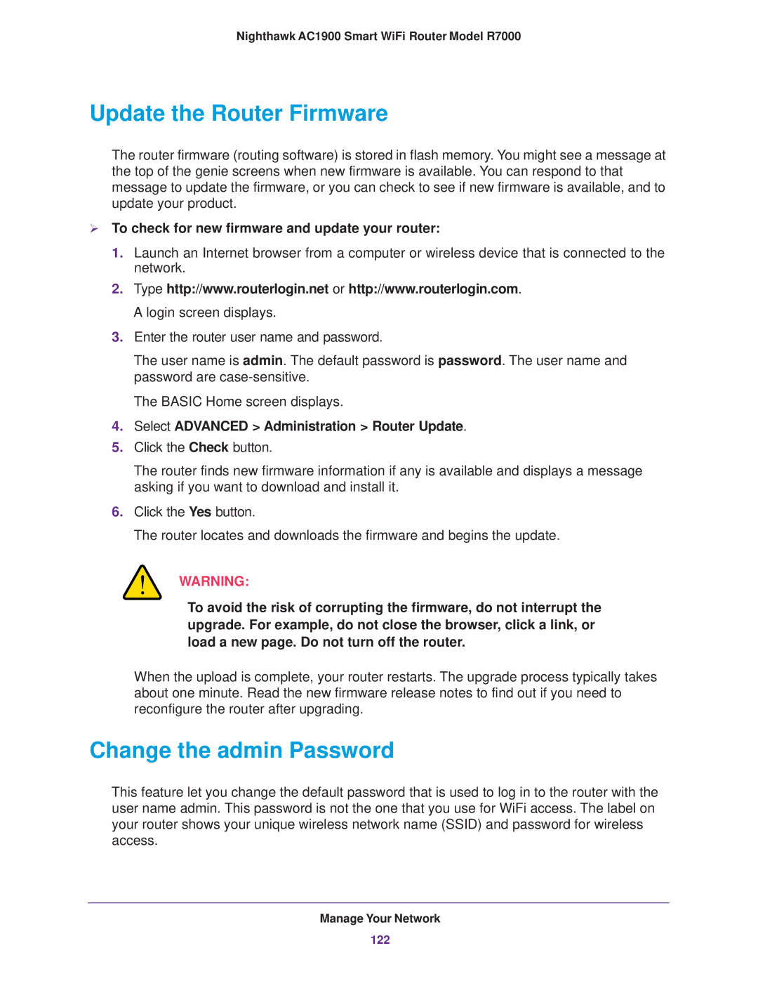 NETGEAR R7000 Update the Router Firmware, Change the admin Password,  To check for new firmware and update your router 