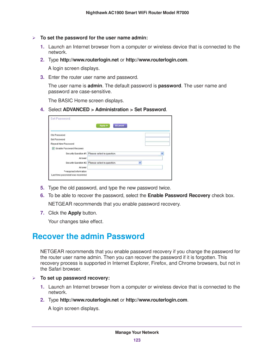 NETGEAR R7000 Recover the admin Password,  To set the password for the user name admin,  To set up password recovery 