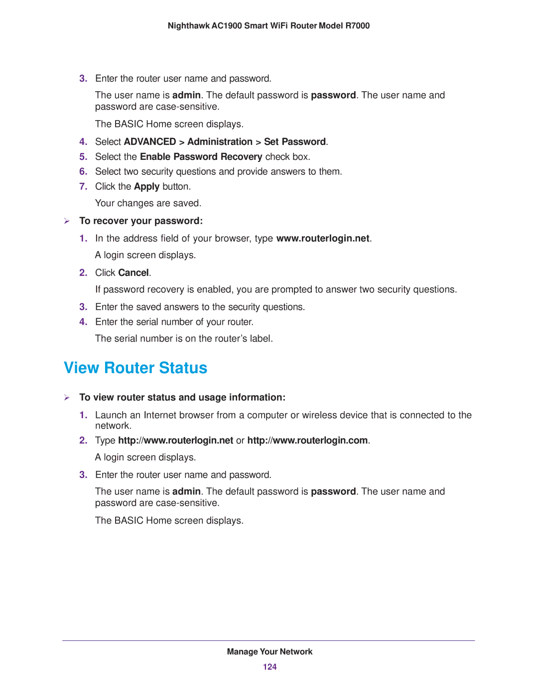 NETGEAR R7000 user manual View Router Status,  To recover your password,  To view router status and usage information 