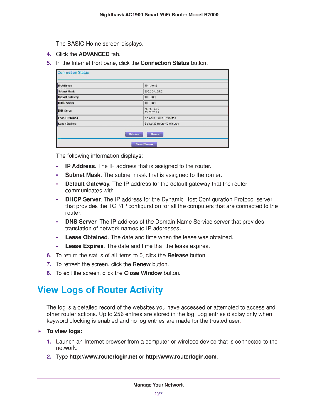 NETGEAR R7000 user manual View Logs of Router Activity,  To view logs 