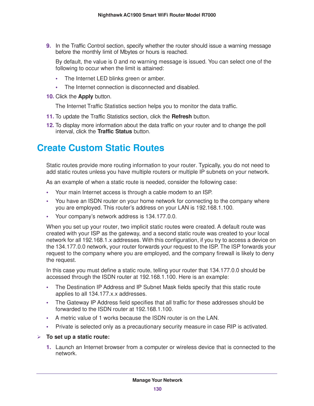 NETGEAR R7000 user manual Create Custom Static Routes,  To set up a static route 