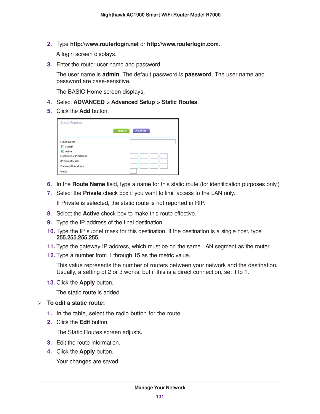 NETGEAR R7000 user manual Select Advanced Advanced Setup Static Routes,  To edit a static route 