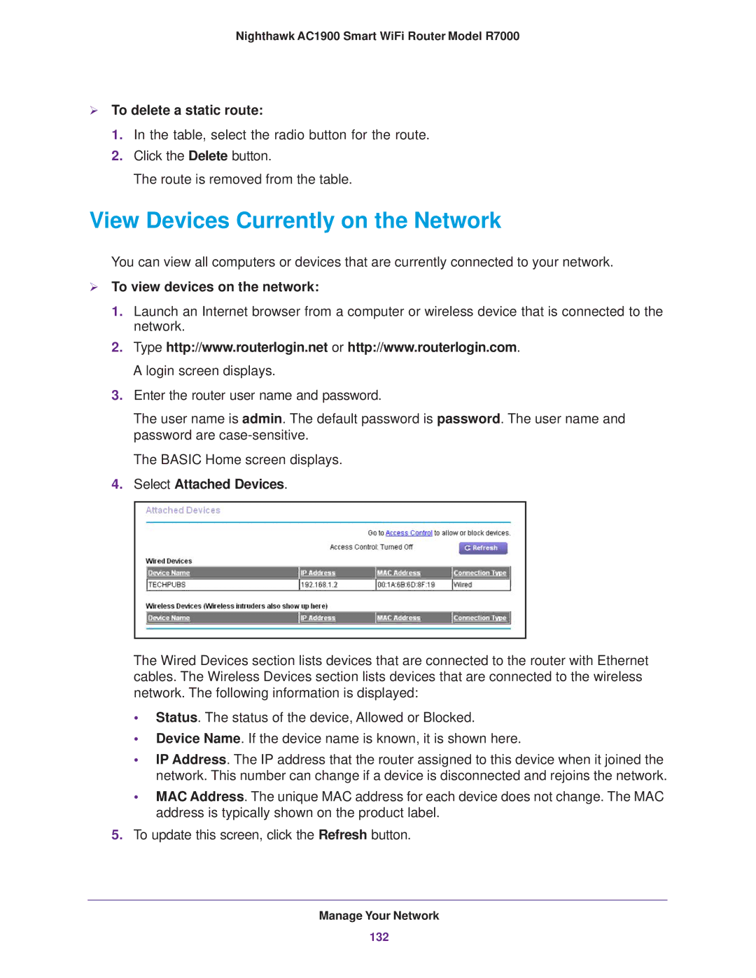 NETGEAR R7000 View Devices Currently on the Network,  To delete a static route,  To view devices on the network 