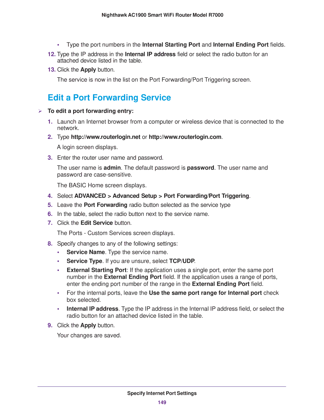 NETGEAR R7000 user manual Edit a Port Forwarding Service,  To edit a port forwarding entry 