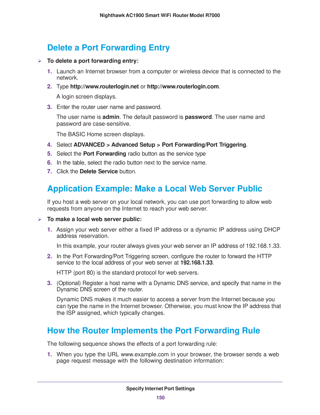 NETGEAR R7000 user manual Delete a Port Forwarding Entry, Application Example Make a Local Web Server Public 