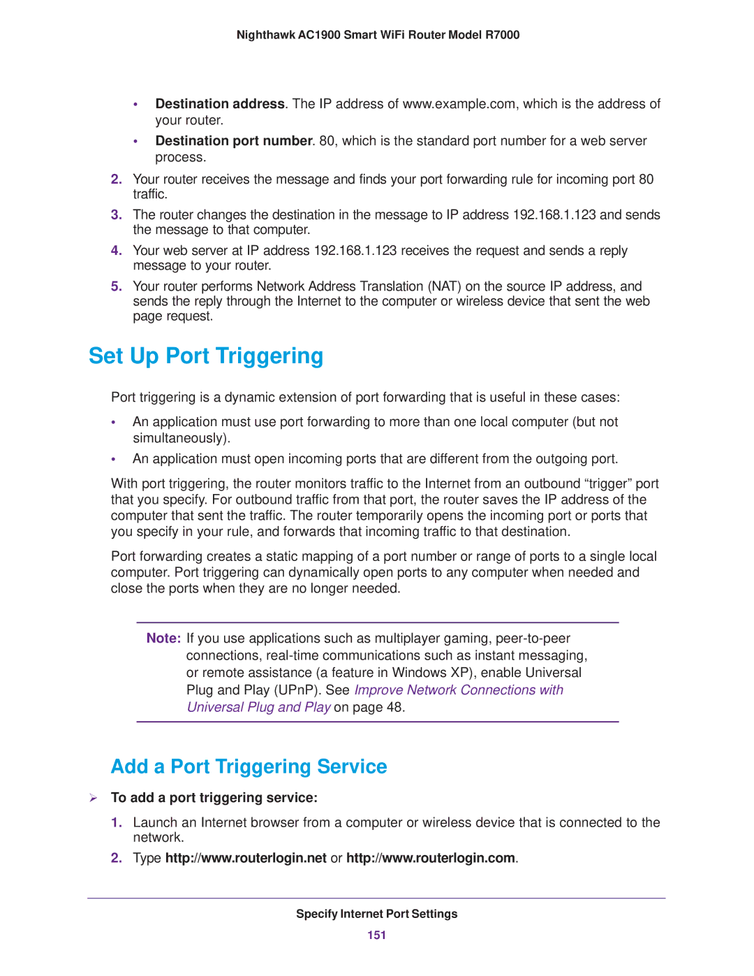 NETGEAR R7000 user manual Set Up Port Triggering, Add a Port Triggering Service,  To add a port triggering service 