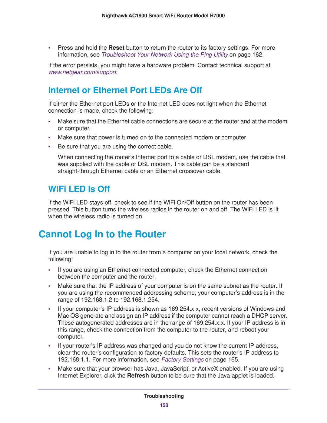 NETGEAR R7000 user manual Cannot Log In to the Router, Internet or Ethernet Port LEDs Are Off, WiFi LED Is Off 