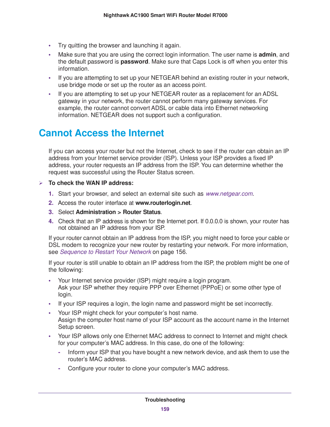 NETGEAR R7000 user manual Cannot Access the Internet 