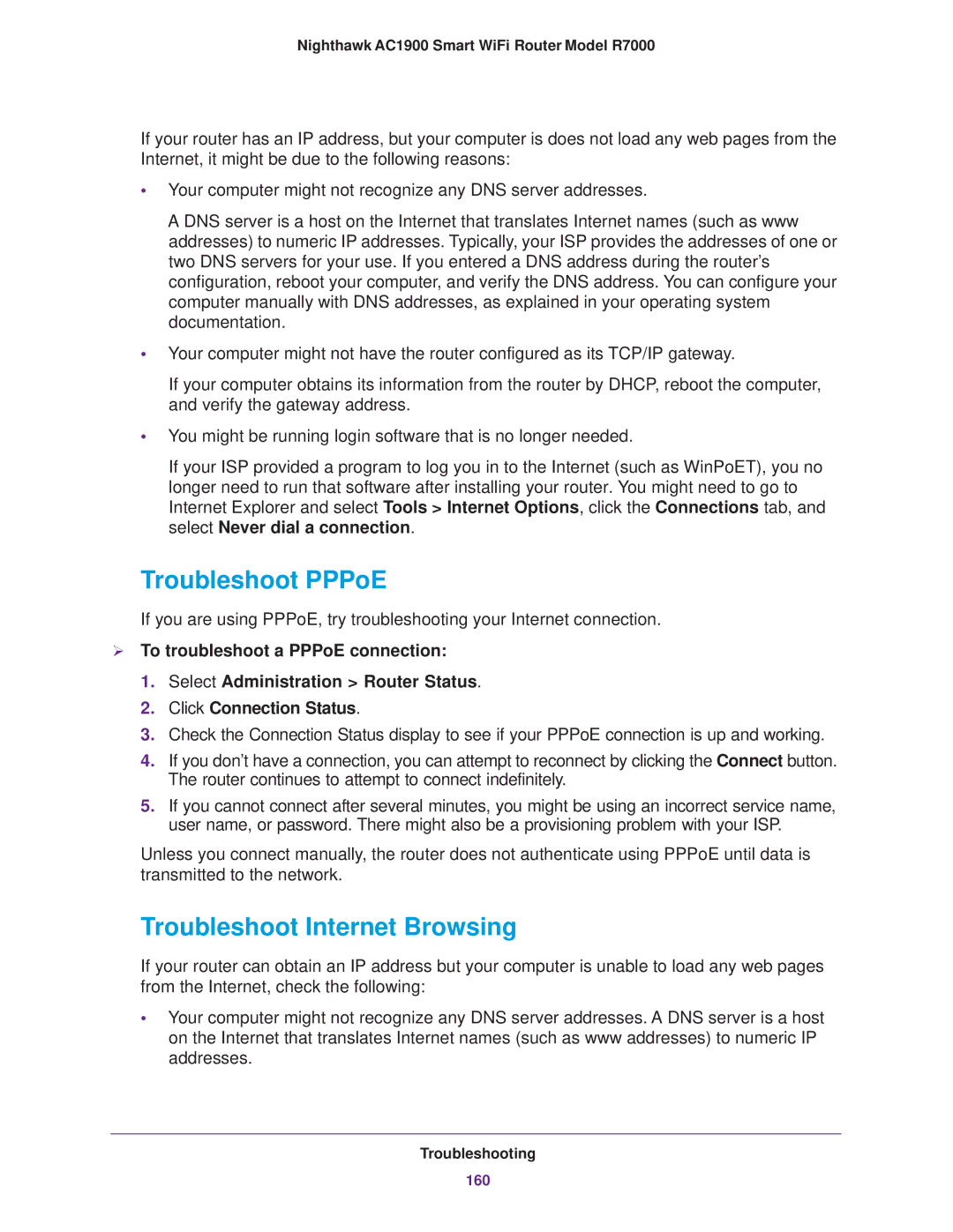 NETGEAR R7000 user manual Troubleshoot PPPoE, Troubleshoot Internet Browsing 