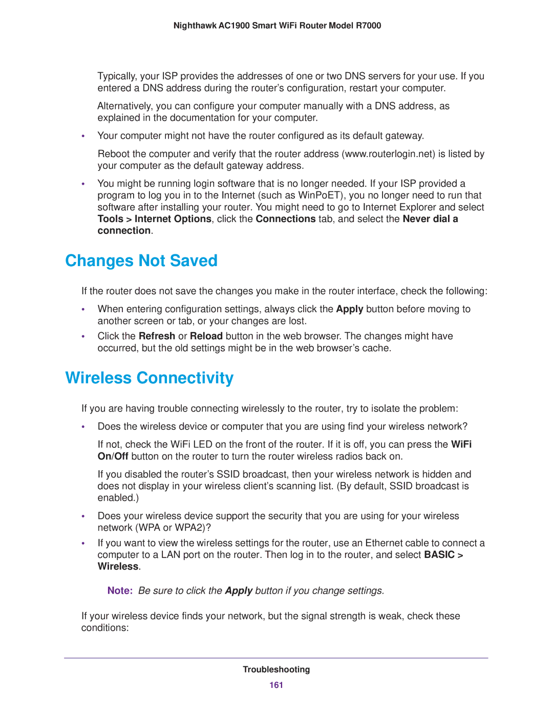 NETGEAR R7000 user manual Changes Not Saved, Wireless Connectivity 