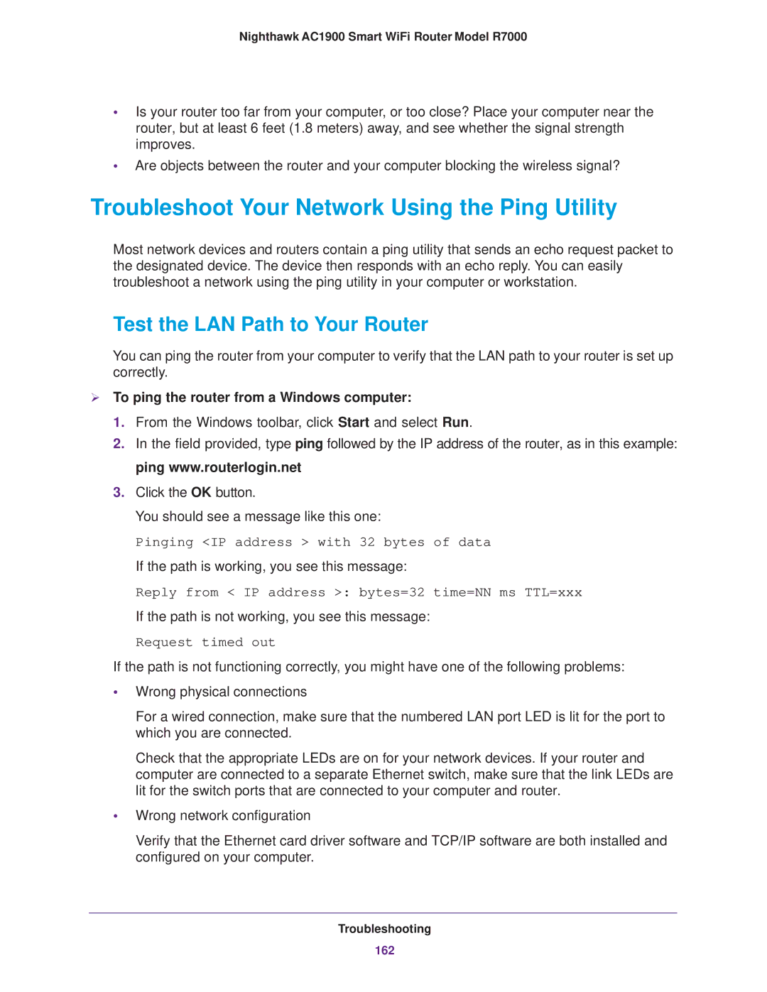 NETGEAR R7000 user manual Troubleshoot Your Network Using the Ping Utility, Test the LAN Path to Your Router 