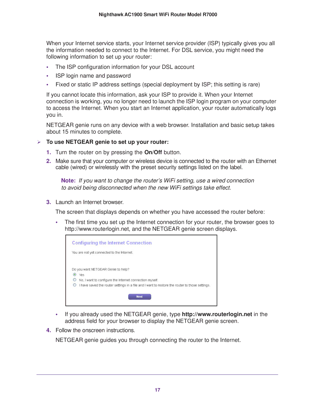 NETGEAR R7000 user manual  To use Netgear genie to set up your router 