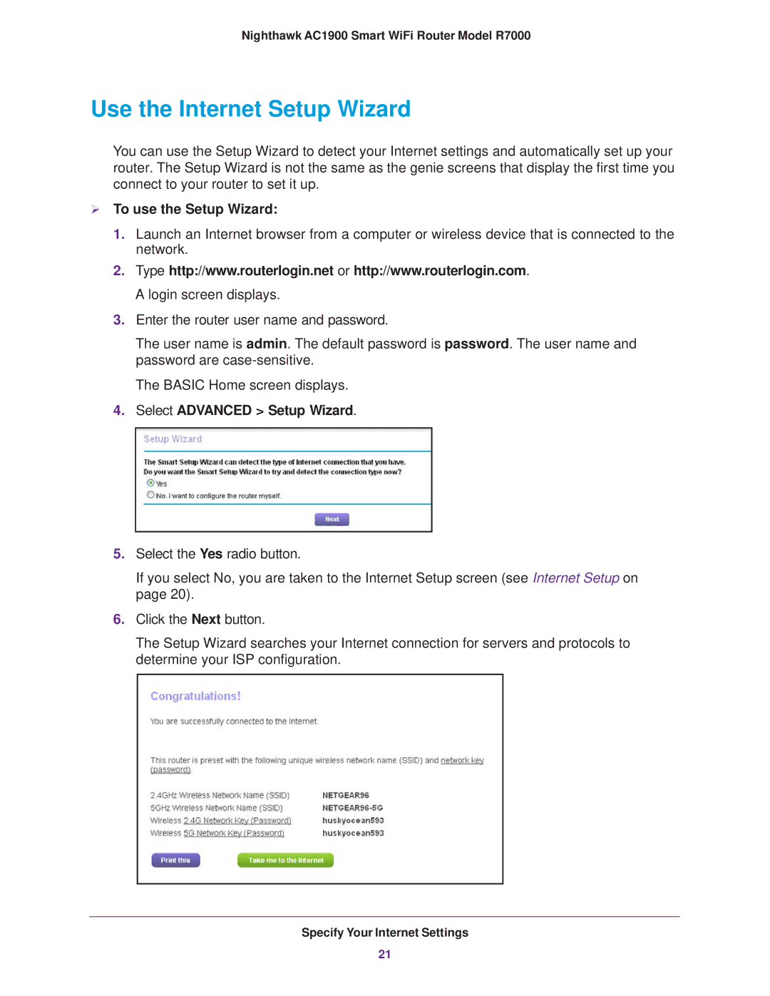 NETGEAR R7000 user manual Use the Internet Setup Wizard,  To use the Setup Wizard, Select Advanced Setup Wizard 