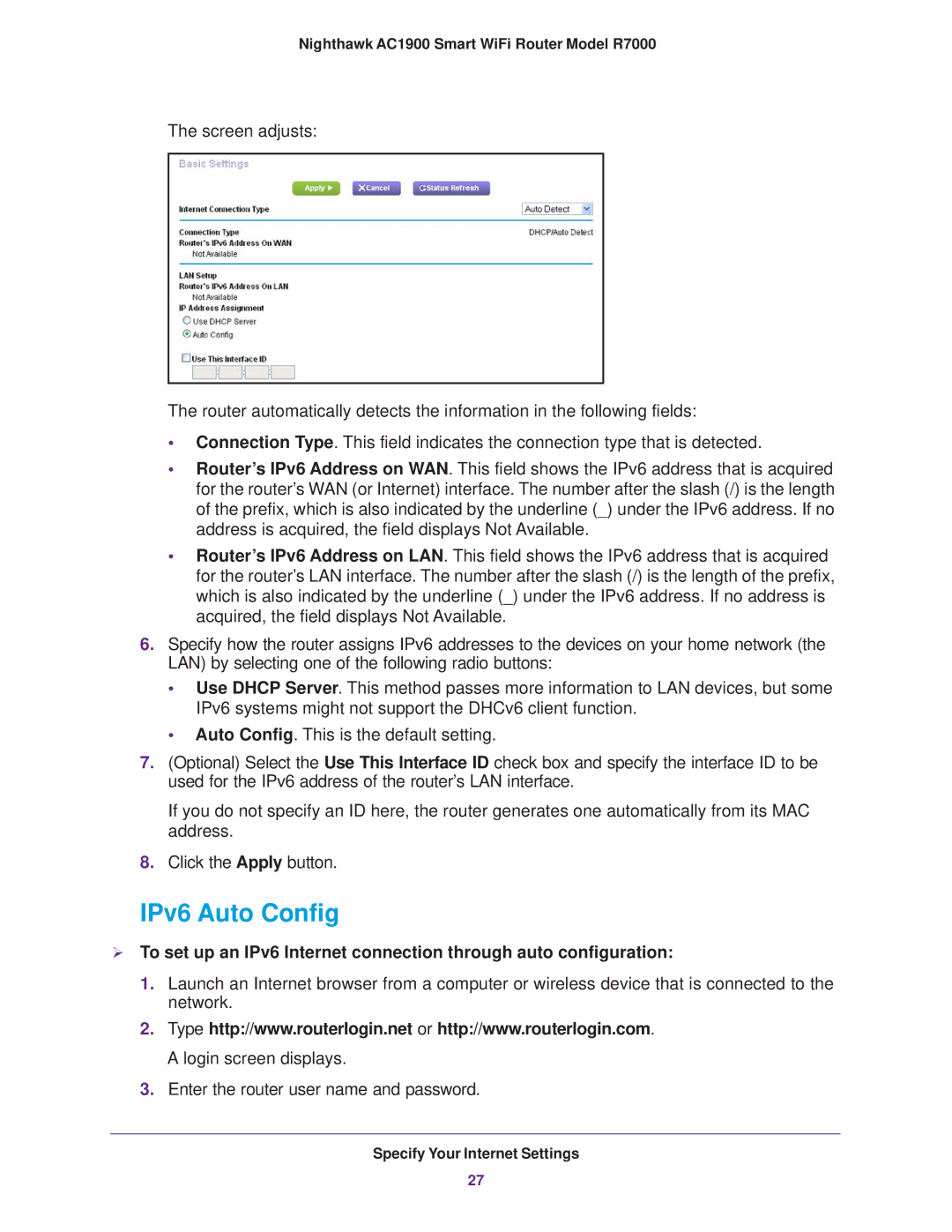 NETGEAR R7000 user manual IPv6 Auto Config 