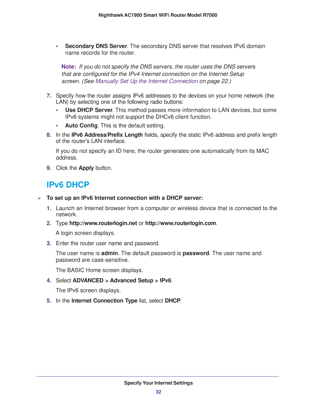 NETGEAR R7000 user manual IPv6 Dhcp,  To set up an IPv6 Internet connection with a Dhcp server 