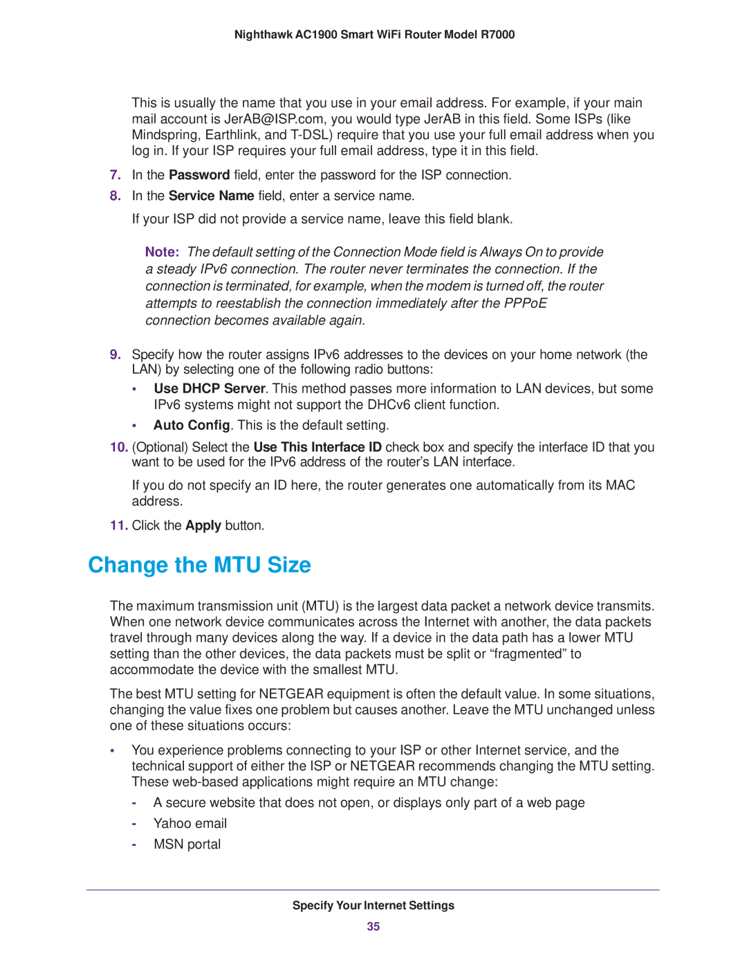 NETGEAR R7000 user manual Change the MTU Size 