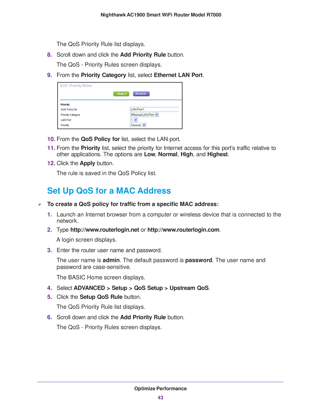 NETGEAR R7000 user manual Set Up QoS for a MAC Address, From the Priority Category list, select Ethernet LAN Port 