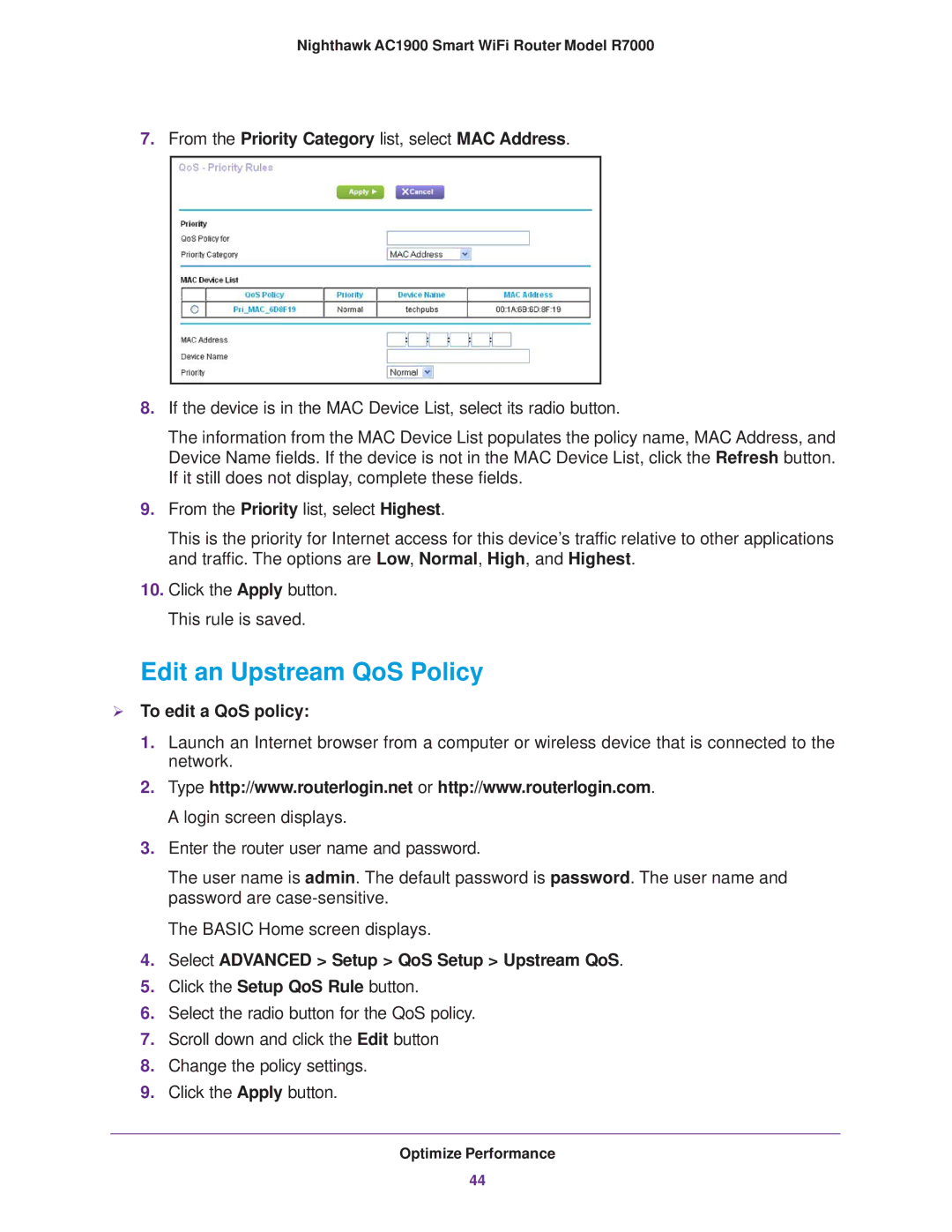 NETGEAR R7000 Edit an Upstream QoS Policy, From the Priority Category list, select MAC Address,  To edit a QoS policy 