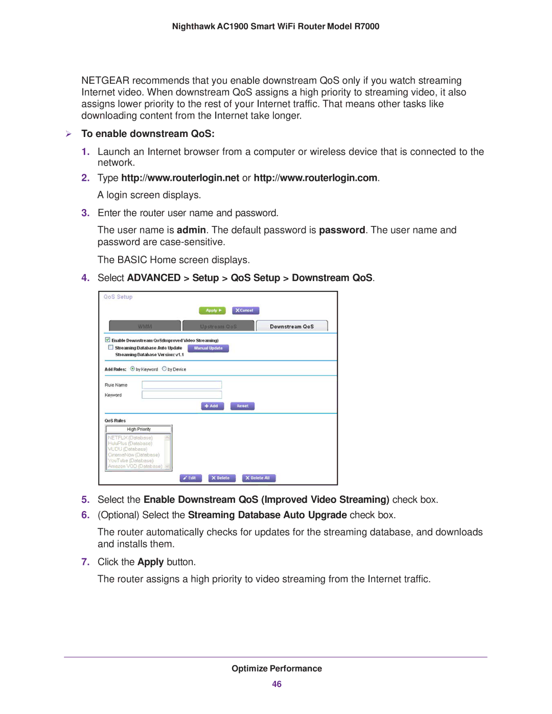 NETGEAR R7000 user manual  To enable downstream QoS 