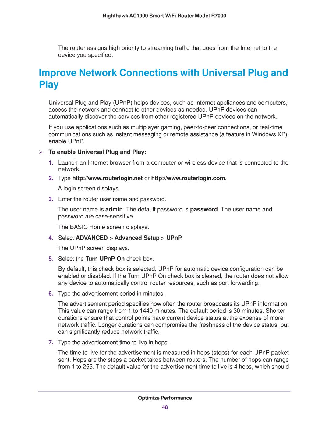 NETGEAR R7000 user manual Improve Network Connections with Universal Plug and Play,  To enable Universal Plug and Play 