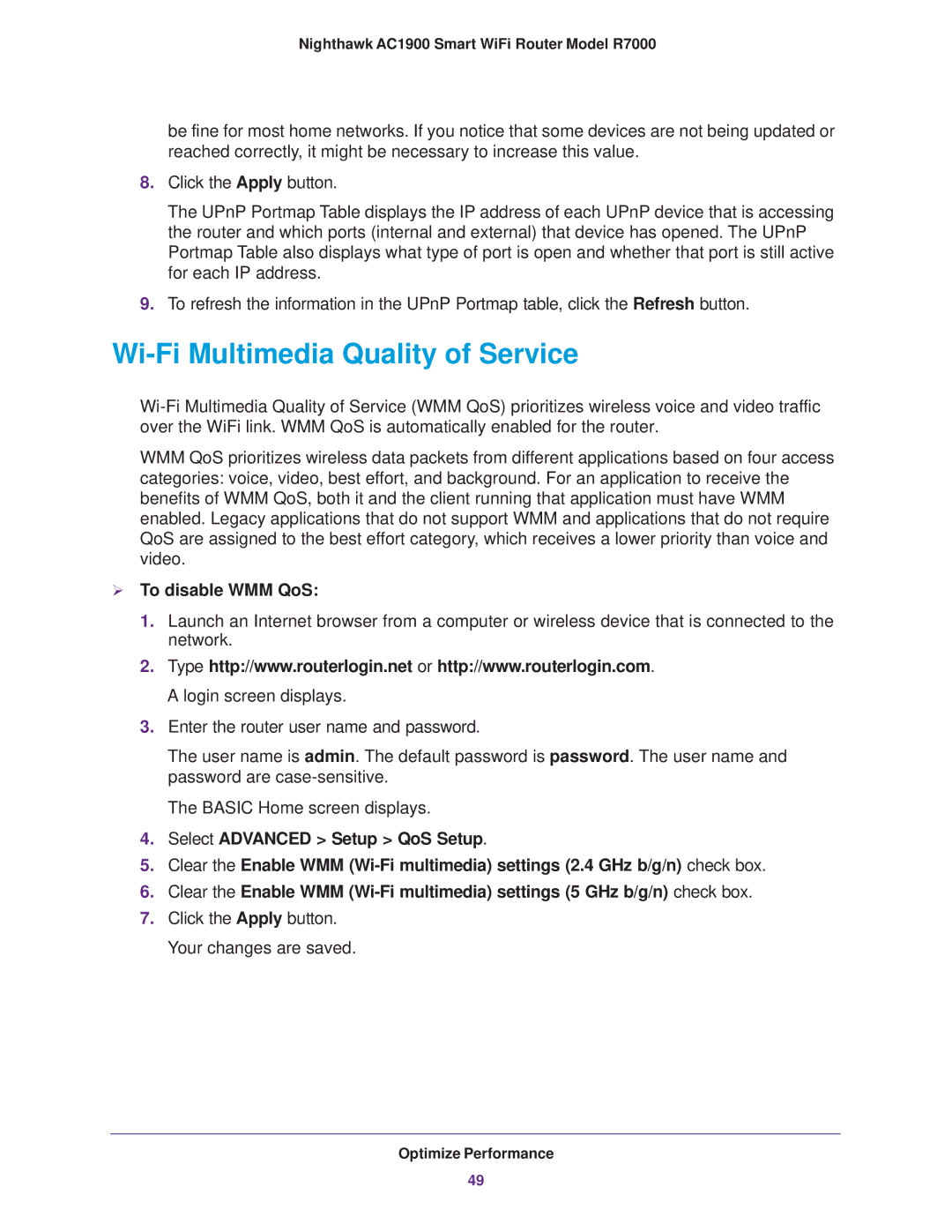 NETGEAR R7000 user manual Wi-Fi Multimedia Quality of Service,  To disable WMM QoS 