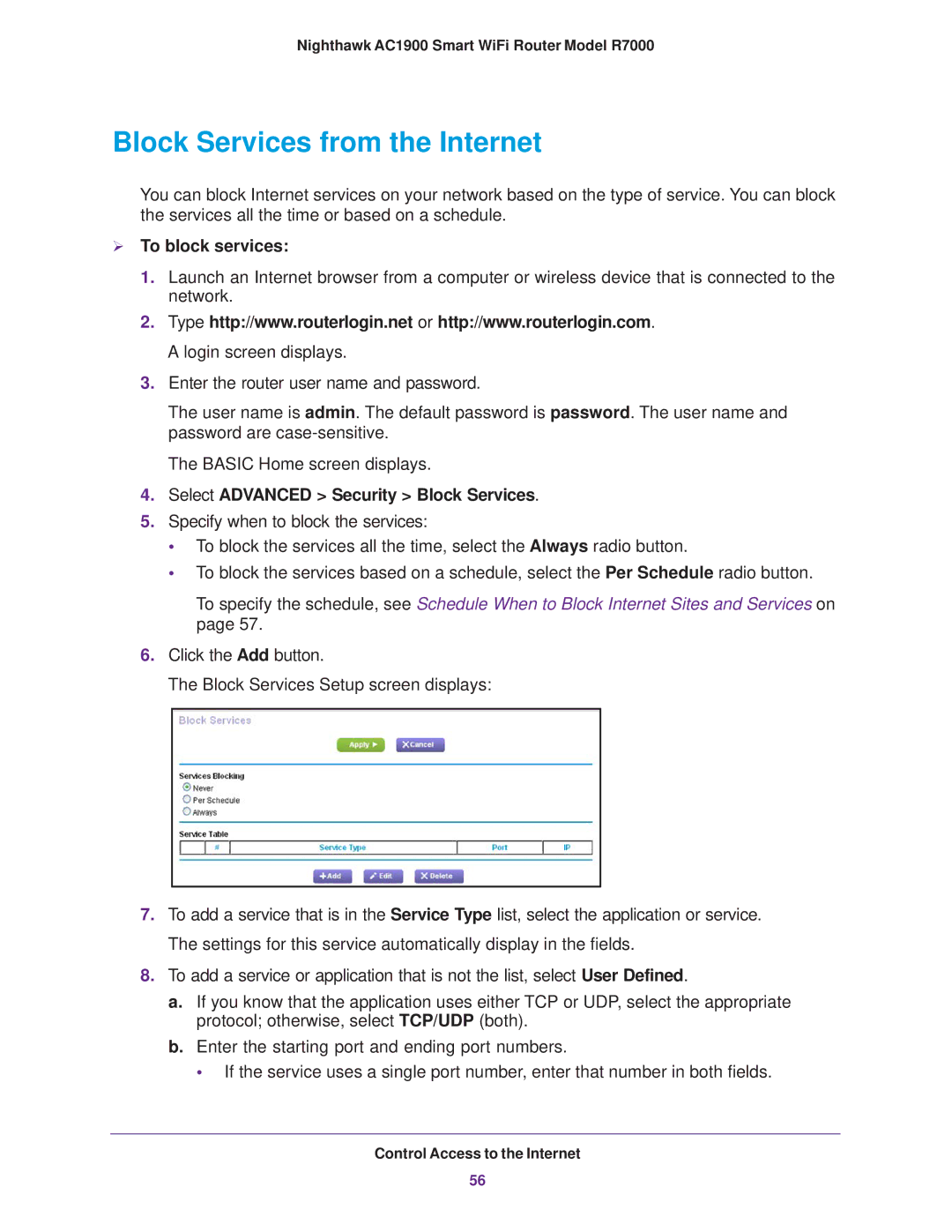 NETGEAR R7000 user manual Block Services from the Internet,  To block services, Select Advanced Security Block Services 