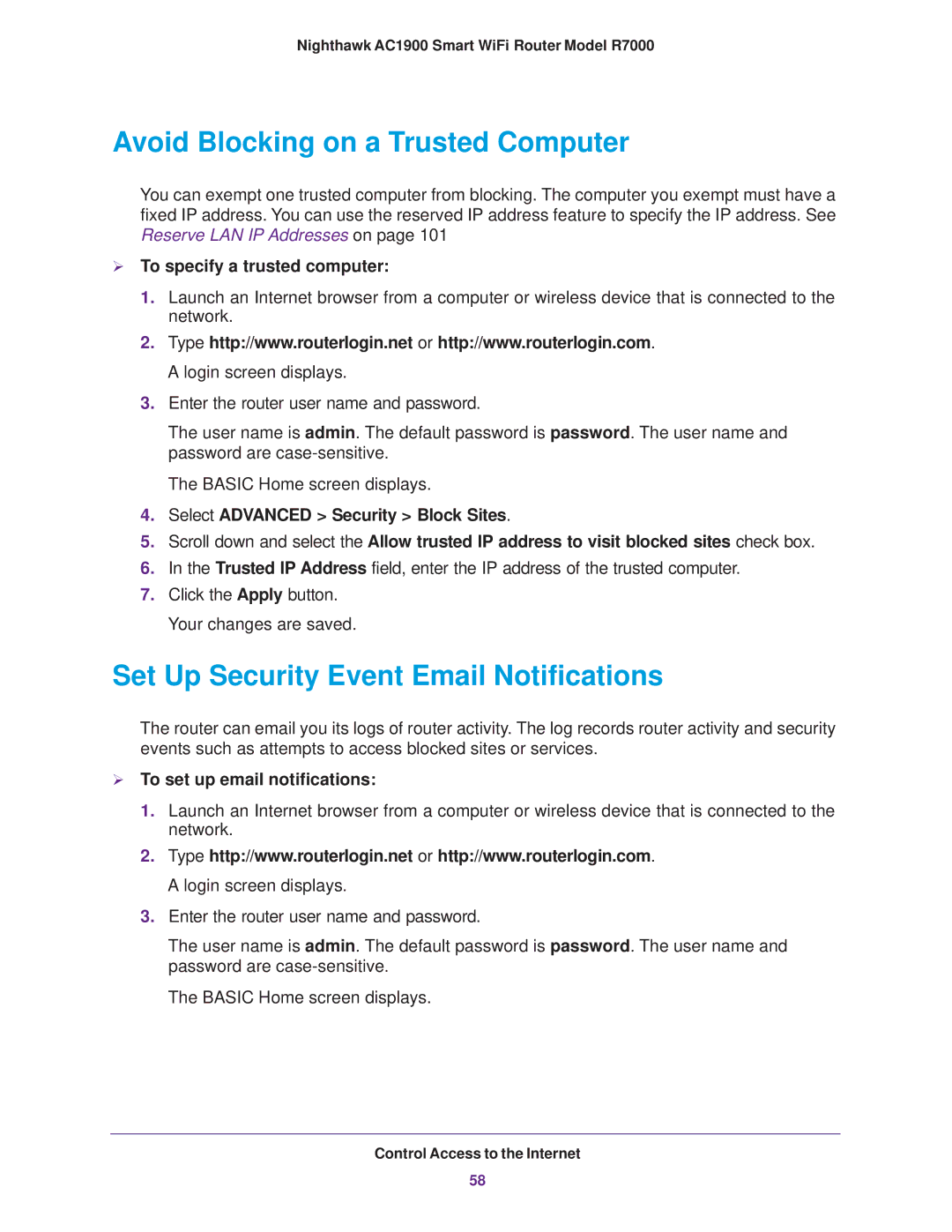 NETGEAR R7000 user manual Avoid Blocking on a Trusted Computer, Set Up Security Event Email Notifications 