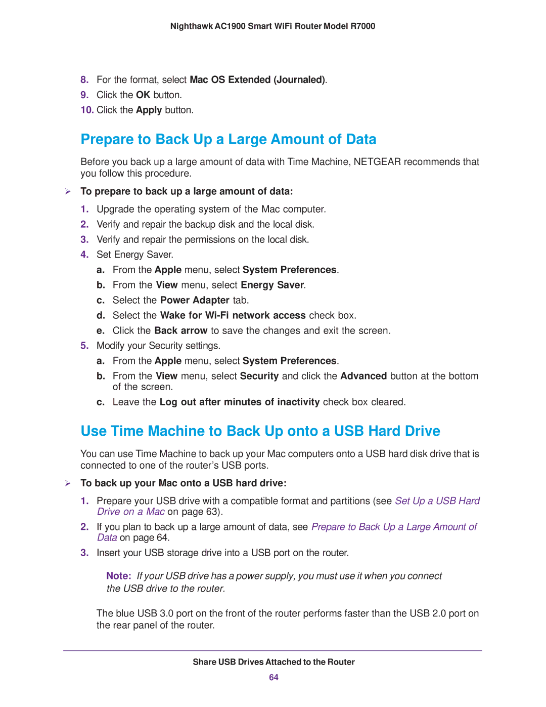 NETGEAR R7000 user manual Prepare to Back Up a Large Amount of Data, Use Time Machine to Back Up onto a USB Hard Drive 