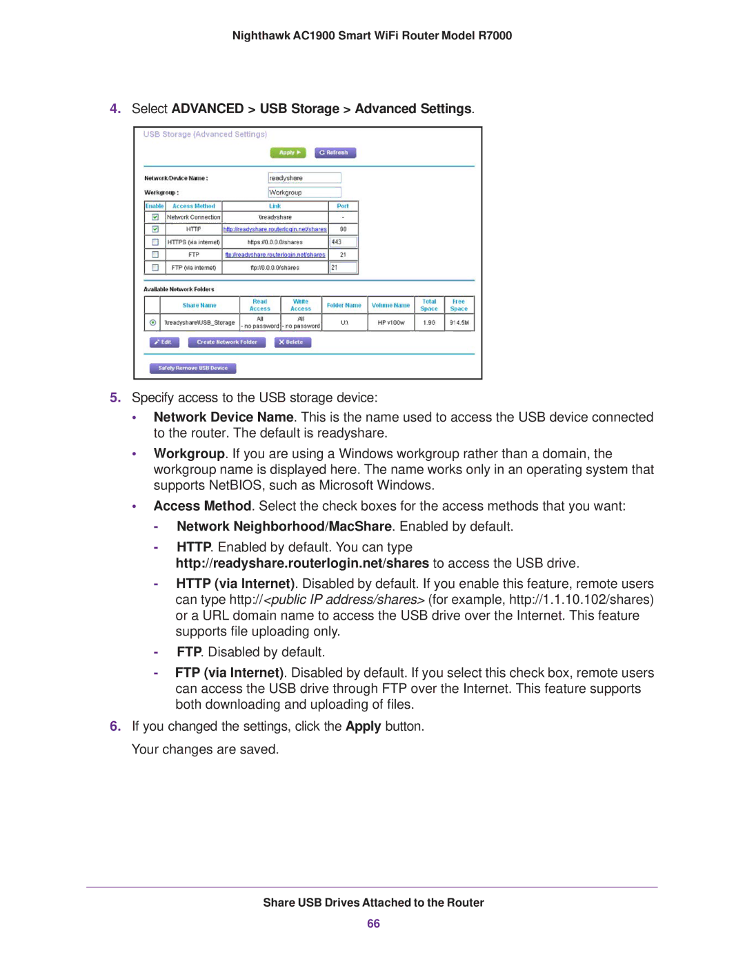 NETGEAR R7000 user manual Select Advanced USB Storage Advanced Settings, Network Neighborhood/MacShare. Enabled by default 