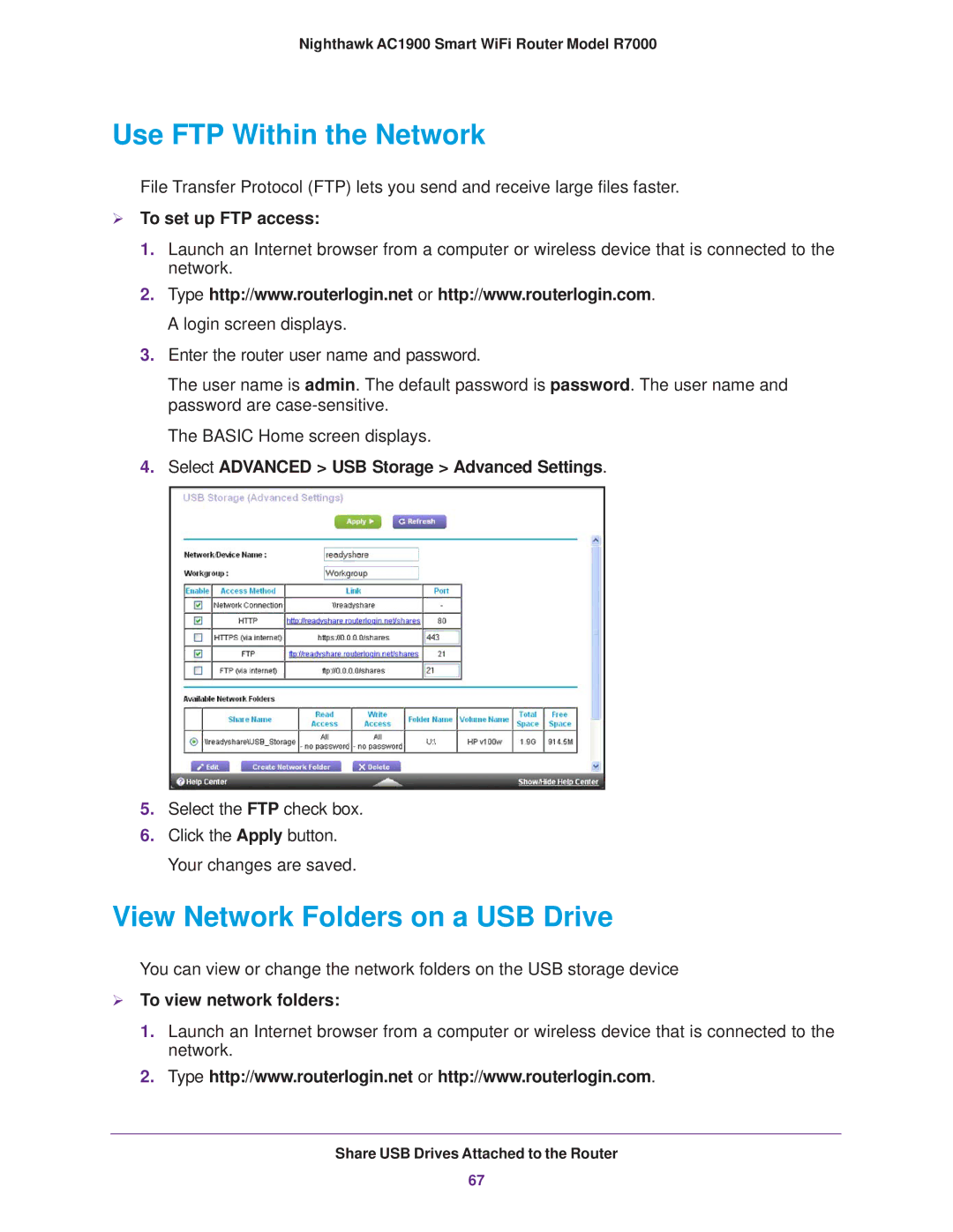 NETGEAR R7000 user manual Use FTP Within the Network, View Network Folders on a USB Drive,  To set up FTP access 