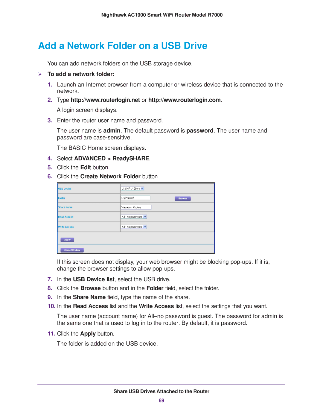 NETGEAR R7000 user manual Add a Network Folder on a USB Drive,  To add a network folder, Select Advanced ReadySHARE 