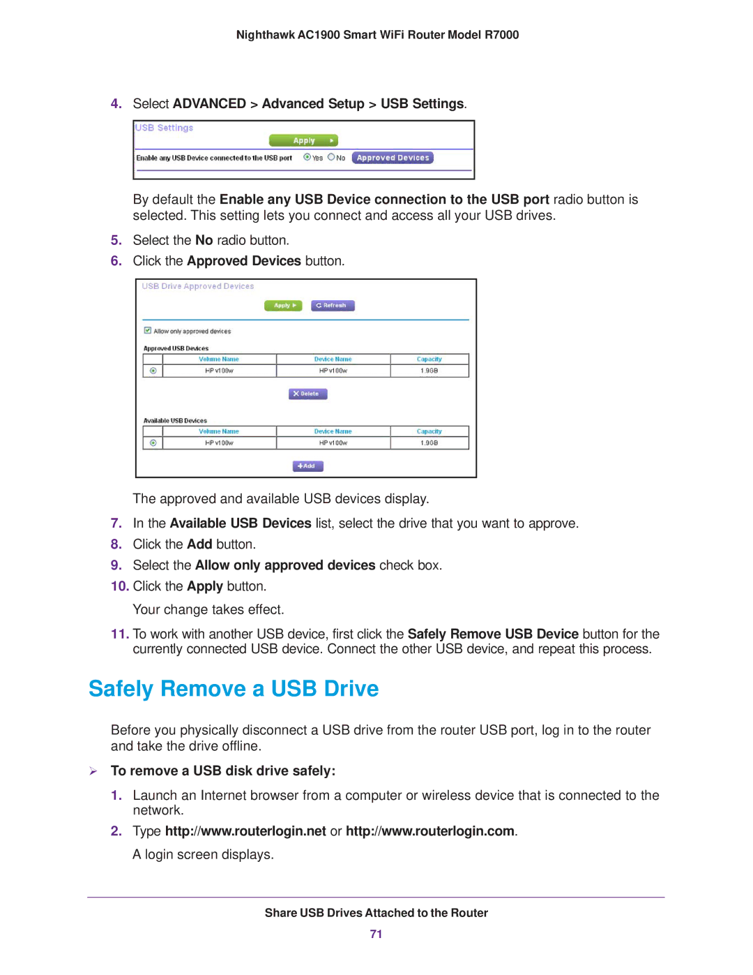 NETGEAR R7000 Safely Remove a USB Drive, Select Advanced Advanced Setup USB Settings,  To remove a USB disk drive safely 