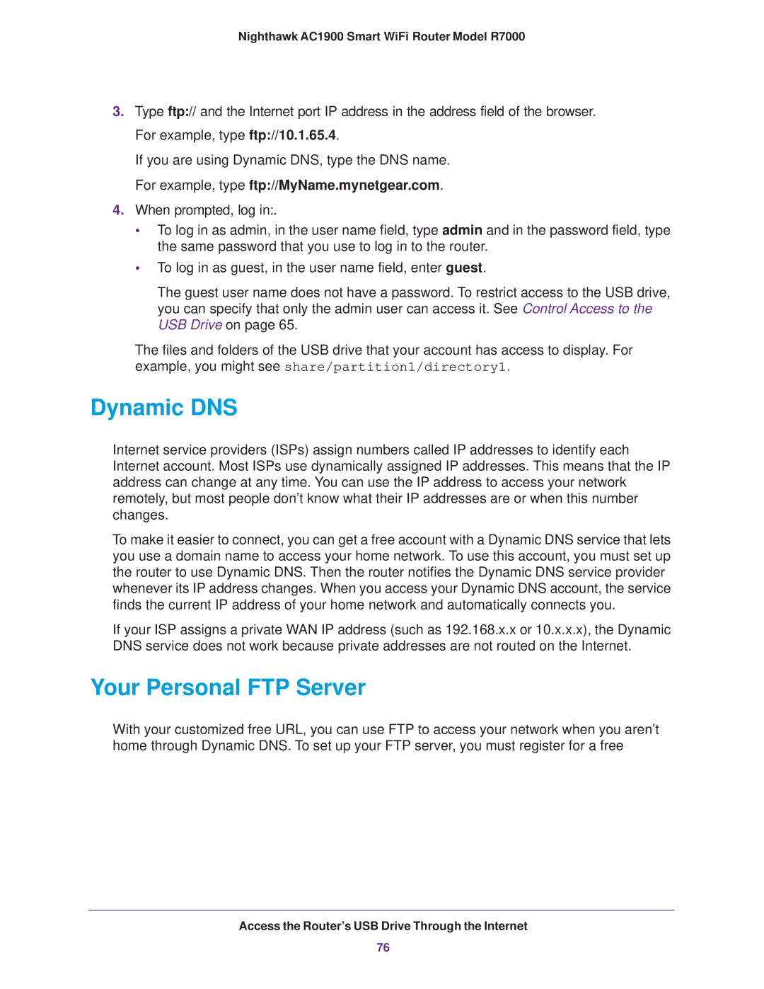 NETGEAR R7000 user manual Dynamic DNS, Your Personal FTP Server 