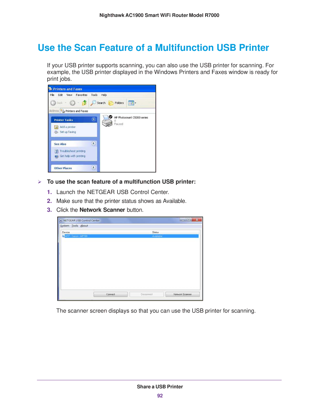 NETGEAR R7000 user manual Use the Scan Feature of a Multifunction USB Printer 