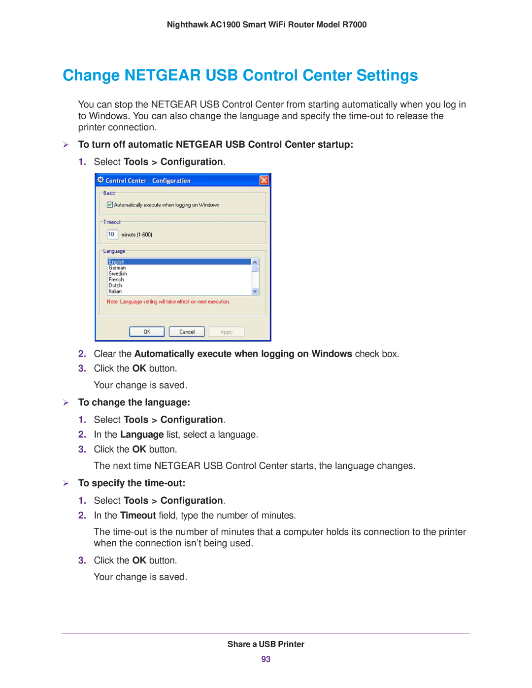 NETGEAR R7000 user manual Change Netgear USB Control Center Settings,  To change the language Select Tools Configuration 